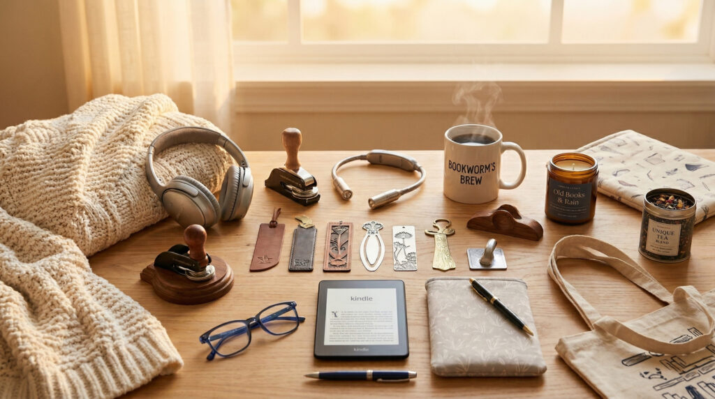 A cozy flat lay of non-book gifts for book lovers on a wooden desk, featuring a Kindle, noise-canceling headphones, a neck reading light, a bookish coffee mug, a scented candle, a canvas tote bag, and a warm knit blanket.