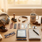 A cozy flat lay of non-book gifts for book lovers on a wooden desk, featuring a Kindle, noise-canceling headphones, a neck reading light, a bookish coffee mug, a scented candle, a canvas tote bag, and a warm knit blanket.